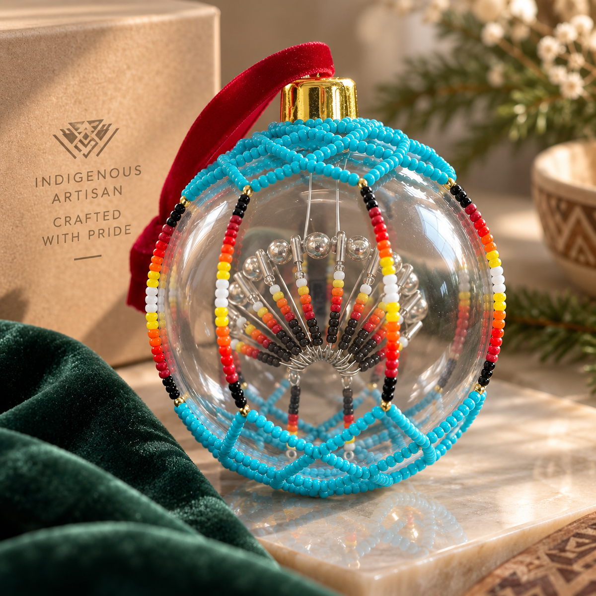 Red Beaded Christmas Ornament - Handmade Native Decor