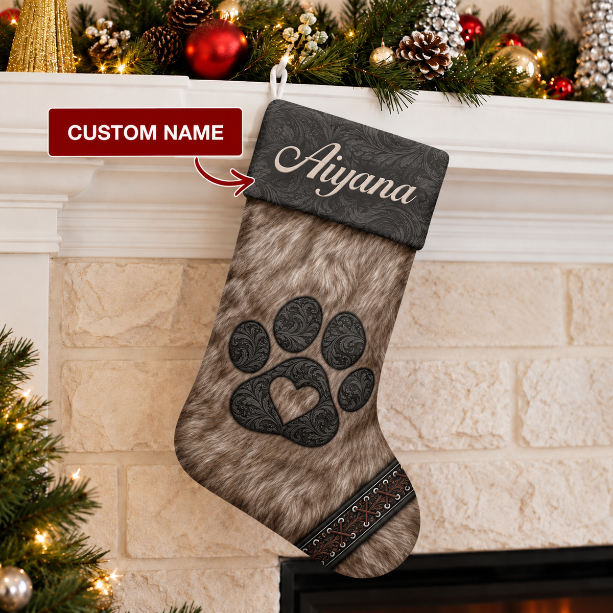 Custom Name Native American Style Bear Paw Christmas Stocking