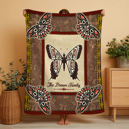 Custom Family Name Native American Style Butterfly Symbols Fleece Blanket