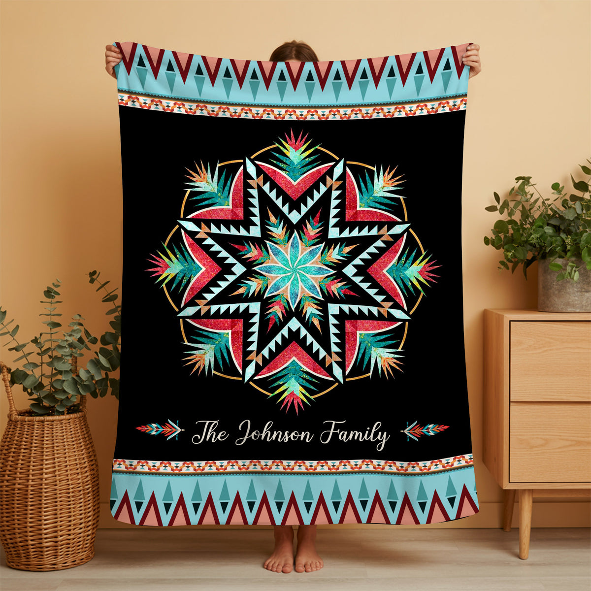 Custom Family Name Sacred Star Navajo-Inspired Vibrant Fleece Blanket