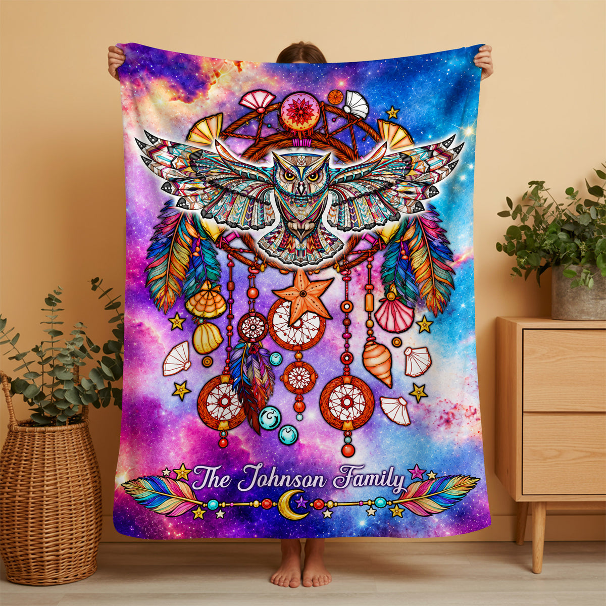 Custom Family Name Native Owl Dreamcatcher Soft And Warm Fleece Blanket
