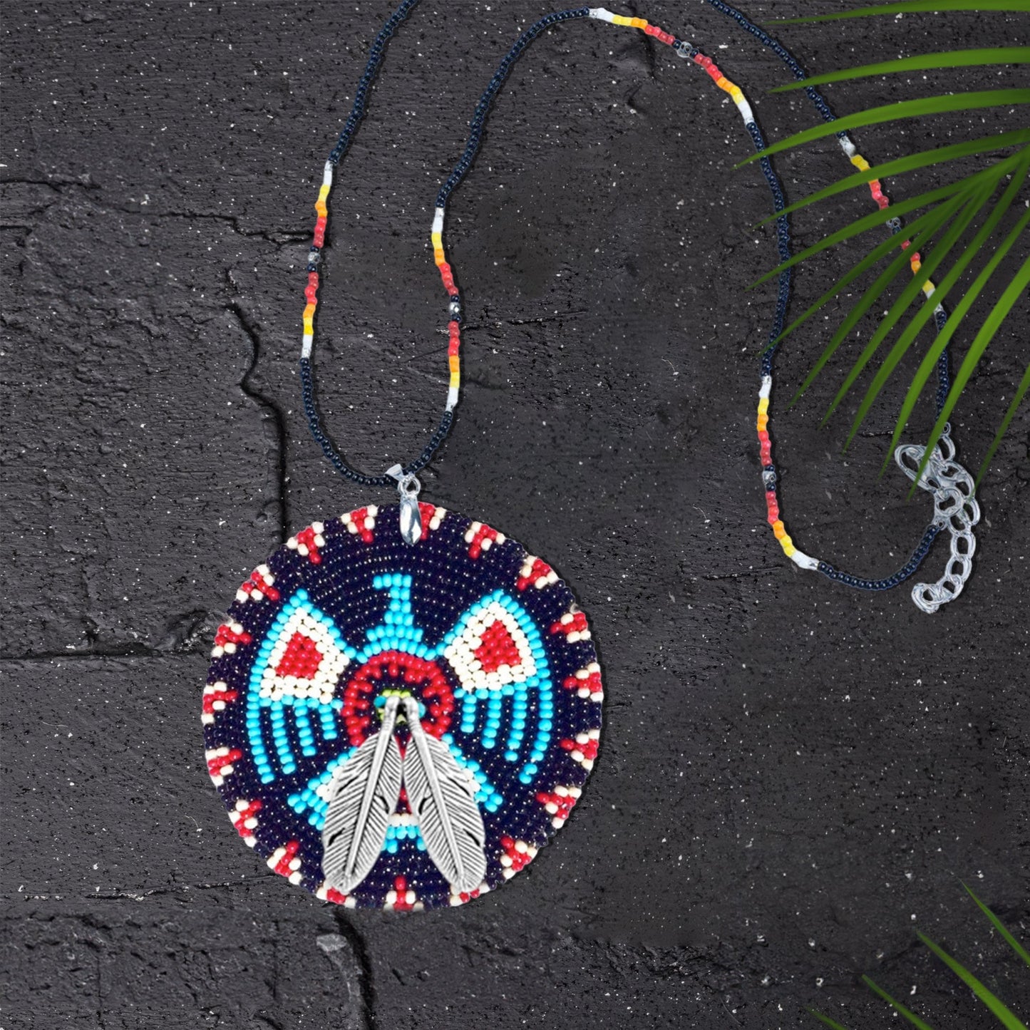 SALE 50% OFF - Dark Blue Thunderbird Beaded Patch Necklace Pendant Unisex With Native American Style