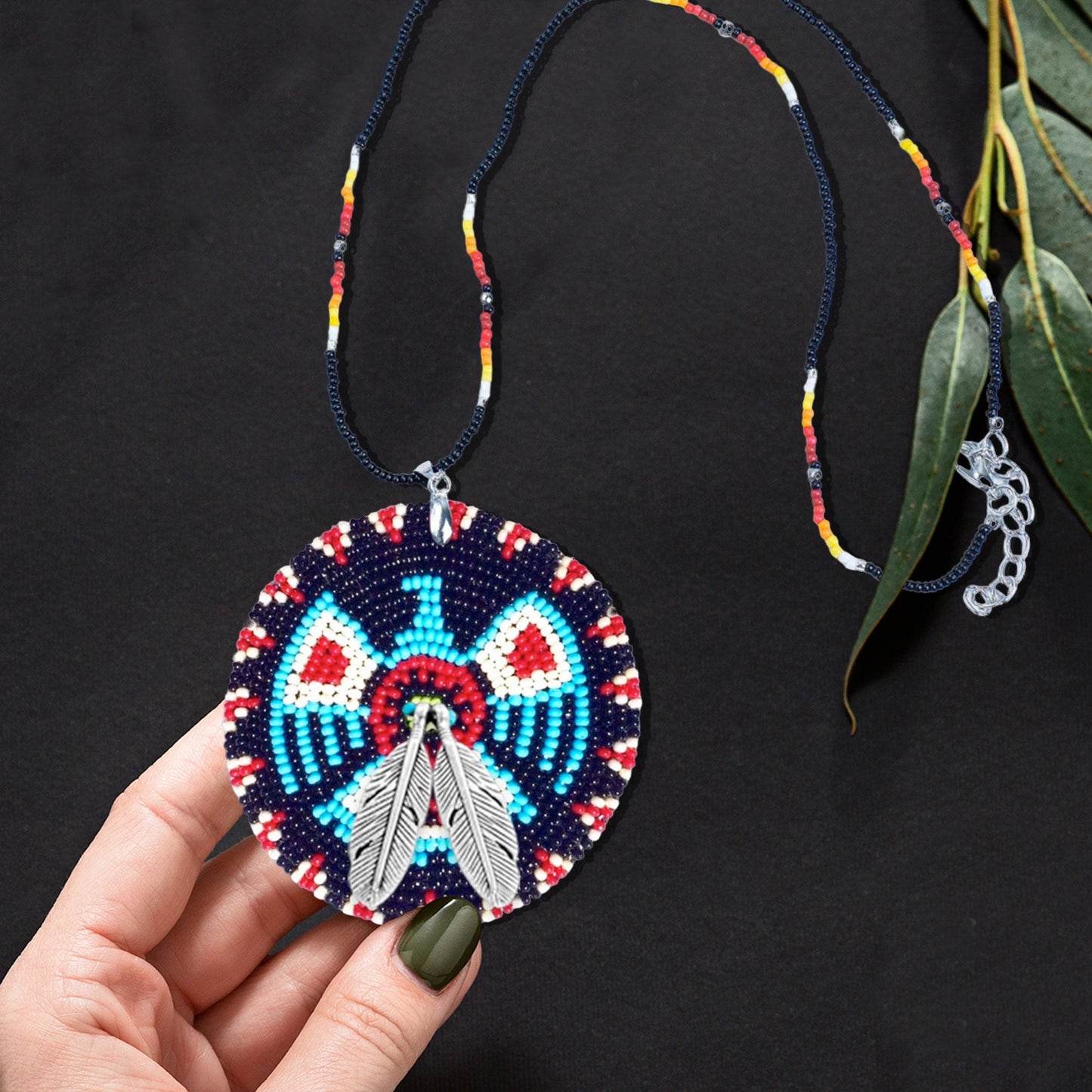 SALE 50% OFF - Dark Blue Thunderbird Beaded Patch Necklace Pendant Unisex With Native American Style