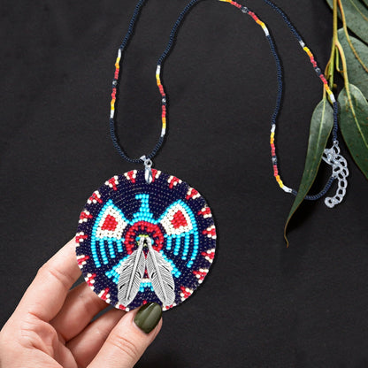 SALE 50% OFF - Dark Blue Thunderbird Beaded Patch Necklace Pendant Unisex With Native American Style