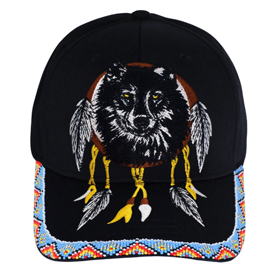 SALE 50% OFF - Wolf Dreamcatcher Embroidered Beaded Baseball Patch with Brim Unisex  Native American Style