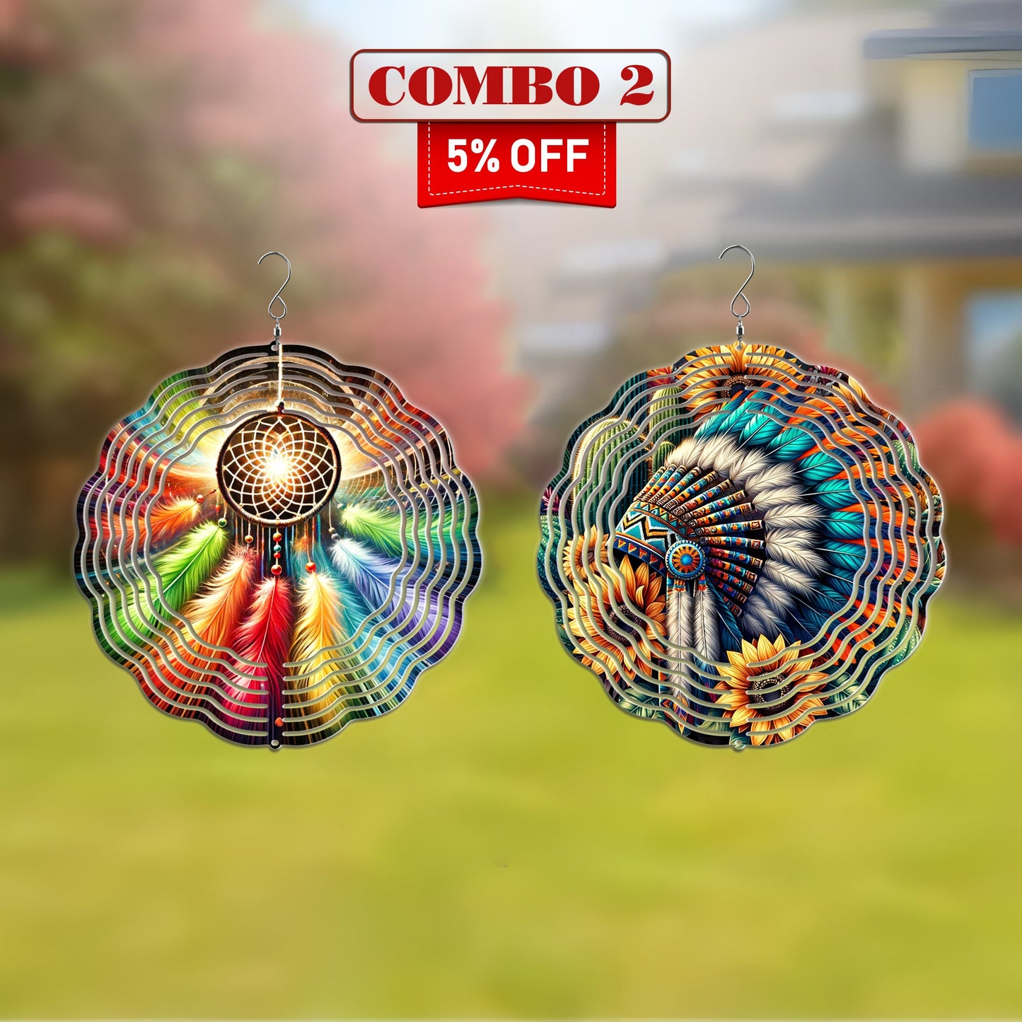 [COMBO 2 ] Colorful Wind Spinner Chief Headdress + Dreamcatcher Native American