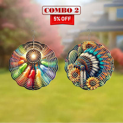 [COMBO 2 ] Colorful Wind Spinner Chief Headdress + Dreamcatcher Native American