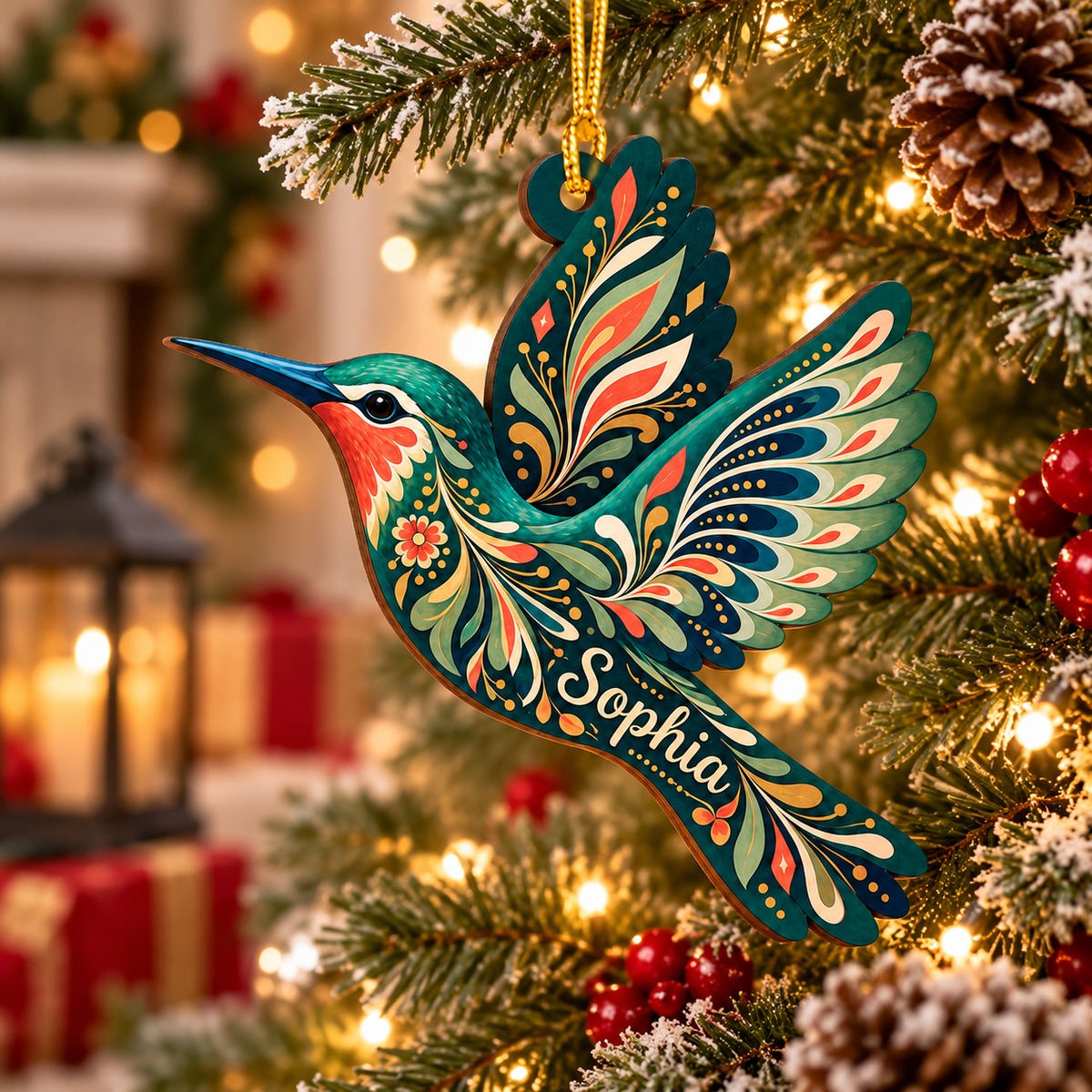 Scandinavian Hummingbird Decoration - Custom Name Design - Wood Ornament