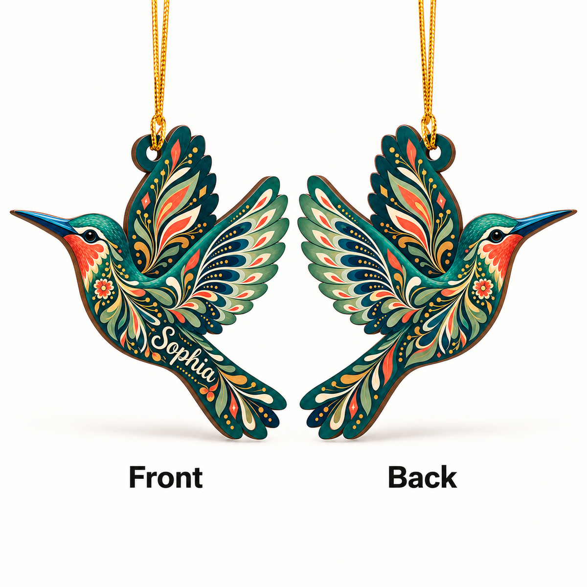 Scandinavian Hummingbird Decoration - Custom Name Design - Wood Ornament