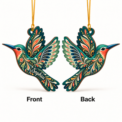 Scandinavian Hummingbird Decoration - Custom Name Design - Wood Ornament