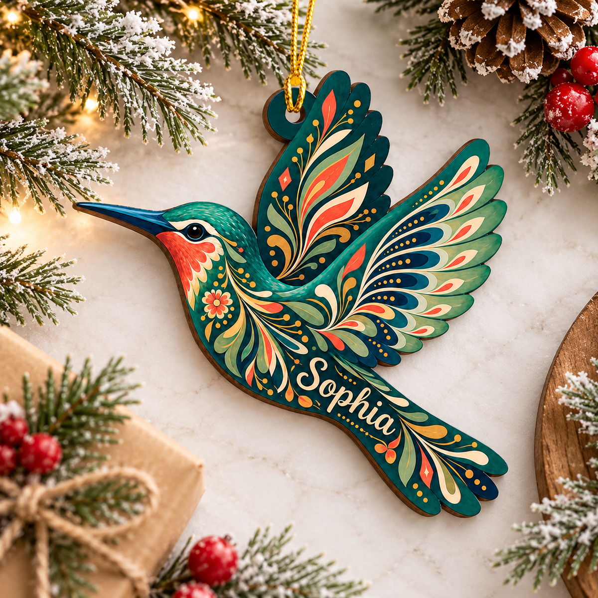 Scandinavian Hummingbird Decoration - Custom Name Design - Wood Ornament