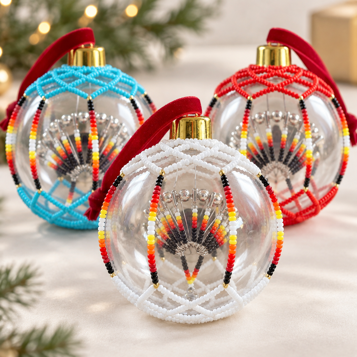 Red Beaded Christmas Ornament - Handmade Native Decor