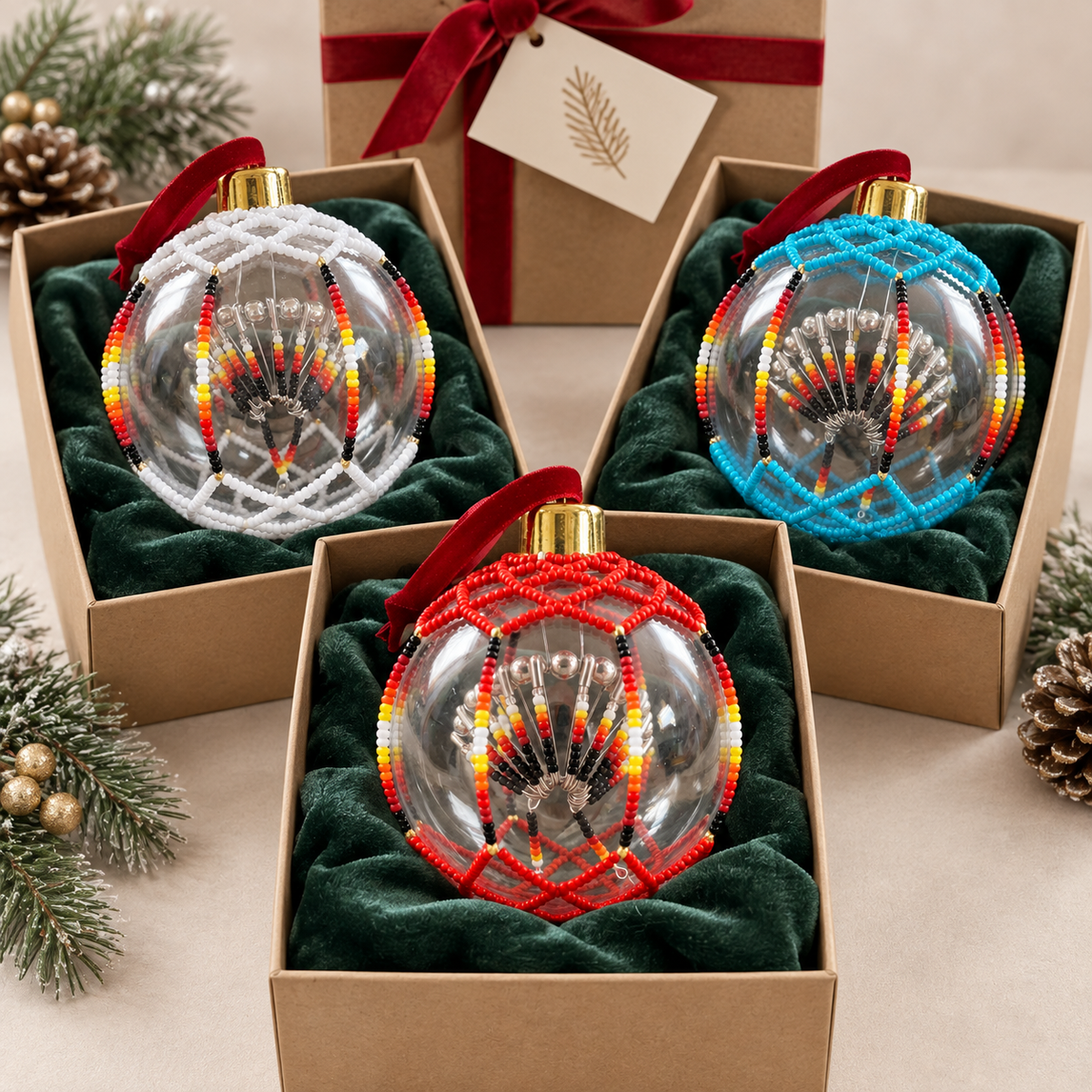 Red Beaded Christmas Ornament - Handmade Native Decor