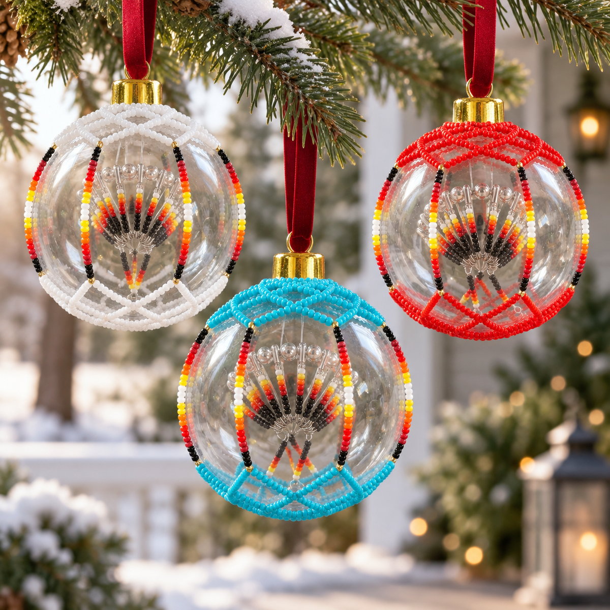 Red Beaded Christmas Ornament - Handmade Native Decor