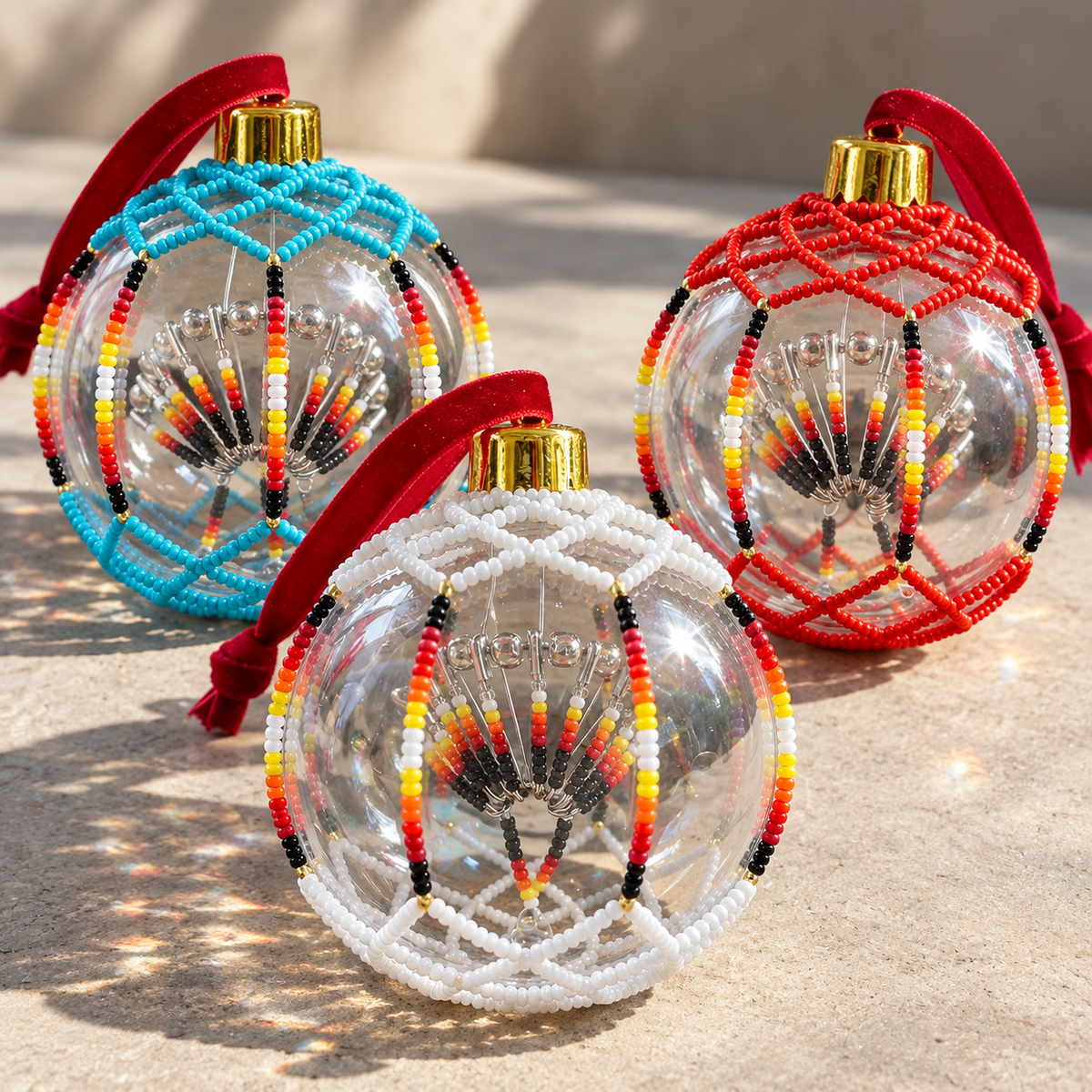 Red Beaded Christmas Ornament - Handmade Native Decor