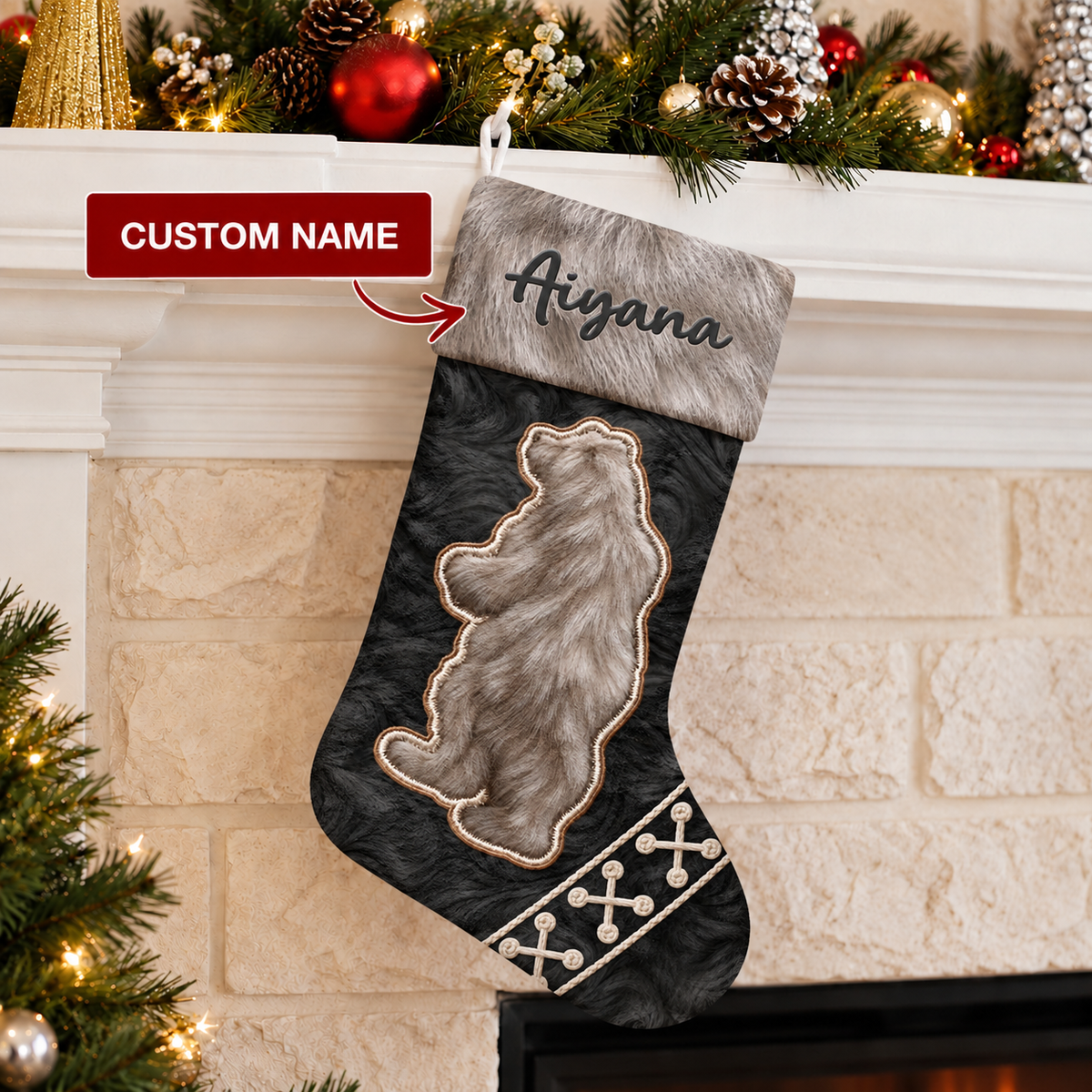 Custom Name Native American Style Bear Paw Christmas Stocking