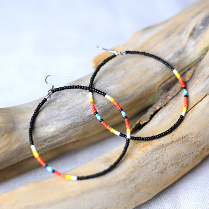 SALE 50% OFF - Black Round Pattern Beaded Handmade Hoop Earrings For Women