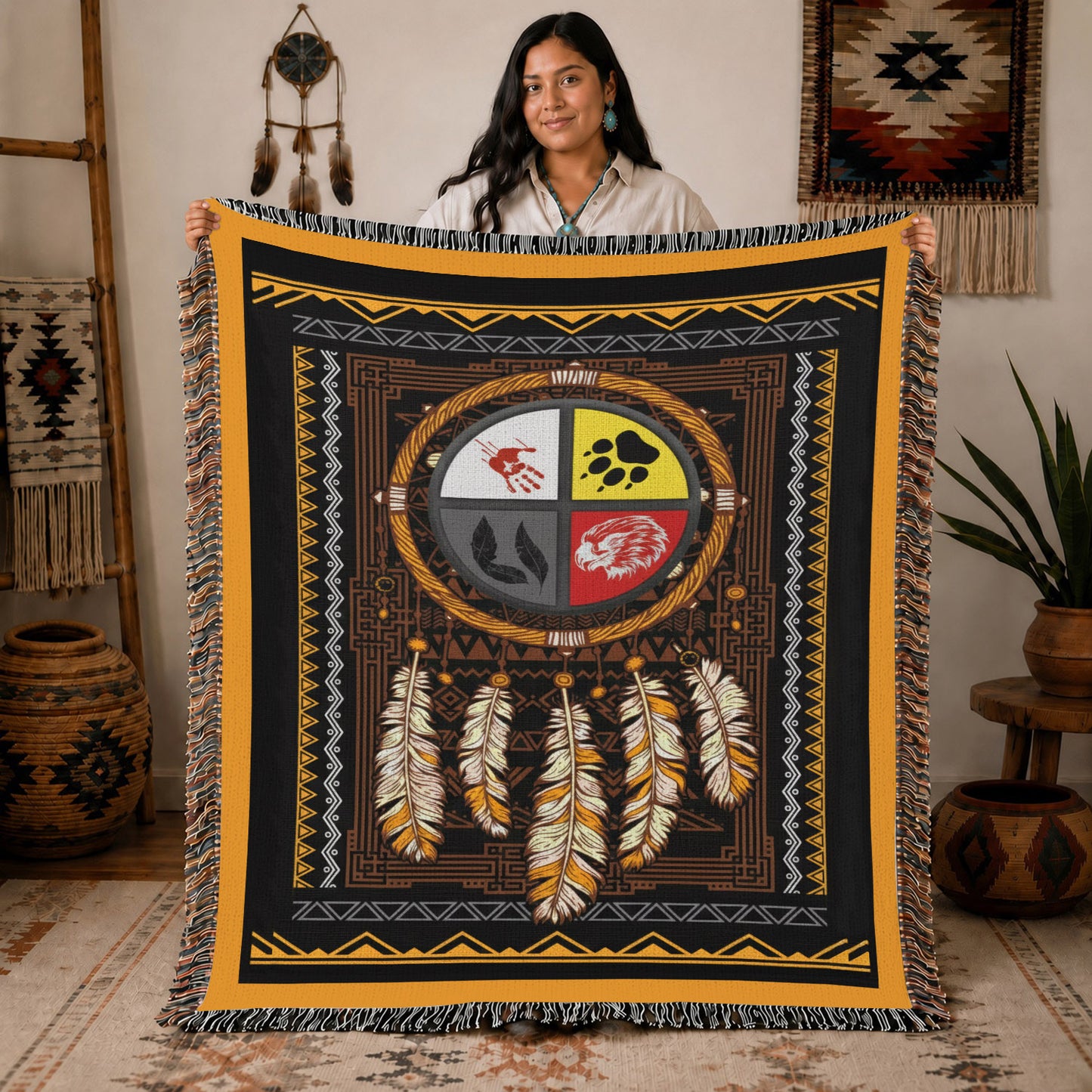 Medicine Wheel Woven Throw Blanket - Indigenous Tribal Decor