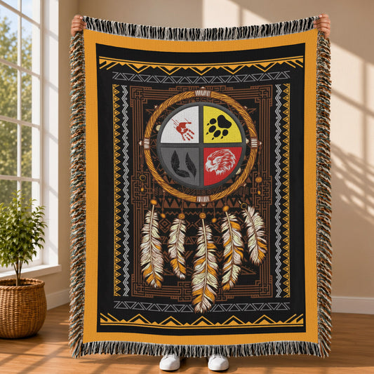 Medicine Wheel Woven Throw Blanket - Indigenous Tribal Decor