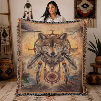 Native American Wolf Woven Throw Blanket - Dreamcatcher Decor