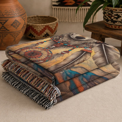 Native American Wolf Woven Throw Blanket - Dreamcatcher Decor