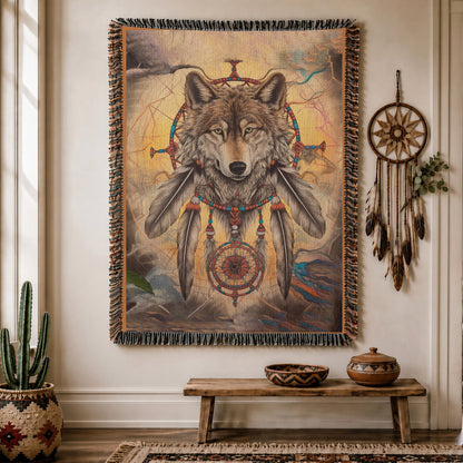 Native American Wolf Woven Throw Blanket - Dreamcatcher Decor