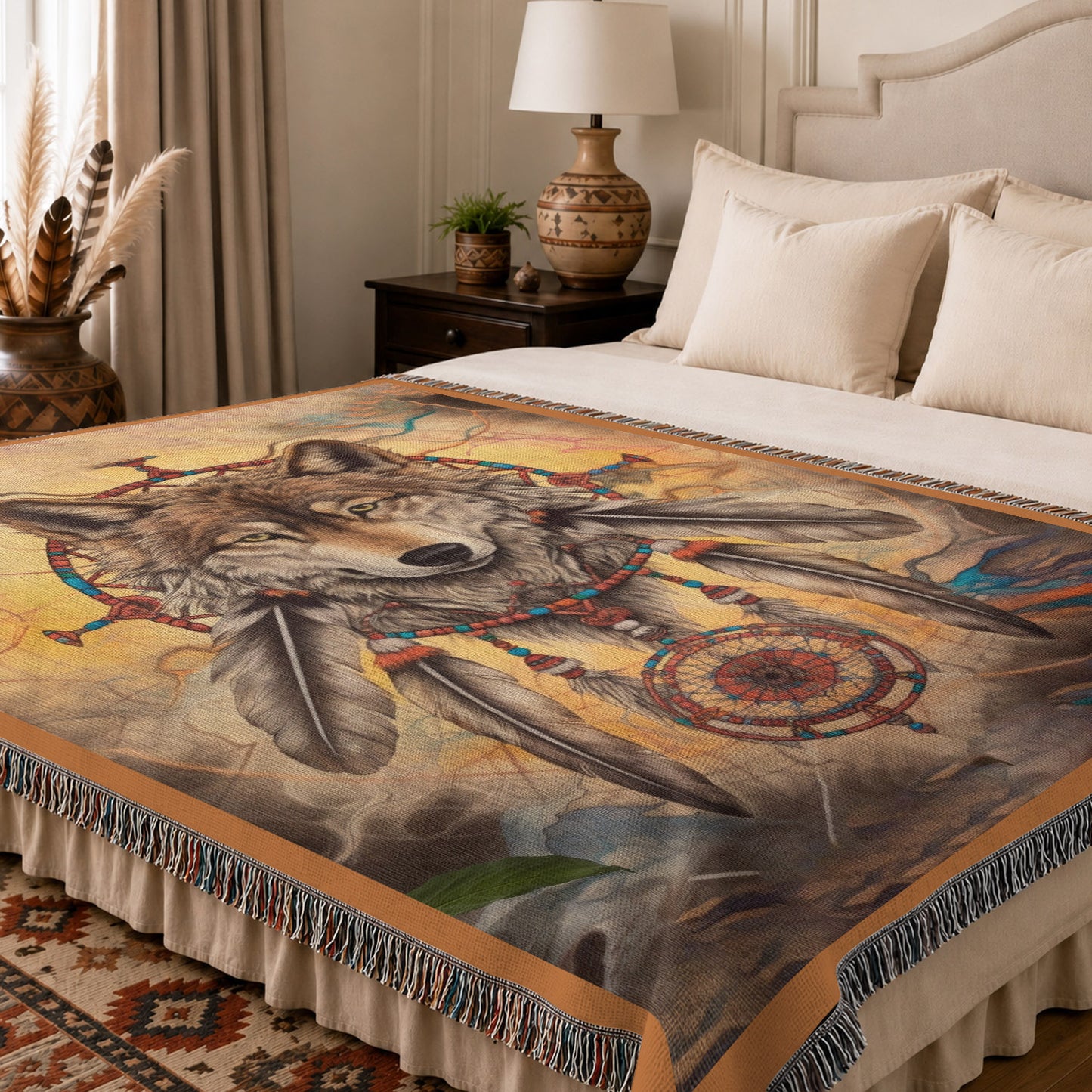 Native American Wolf Woven Throw Blanket - Dreamcatcher Decor