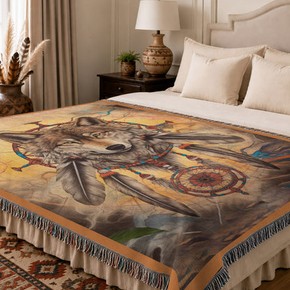 Native American Wolf Woven Throw Blanket - Dreamcatcher Decor