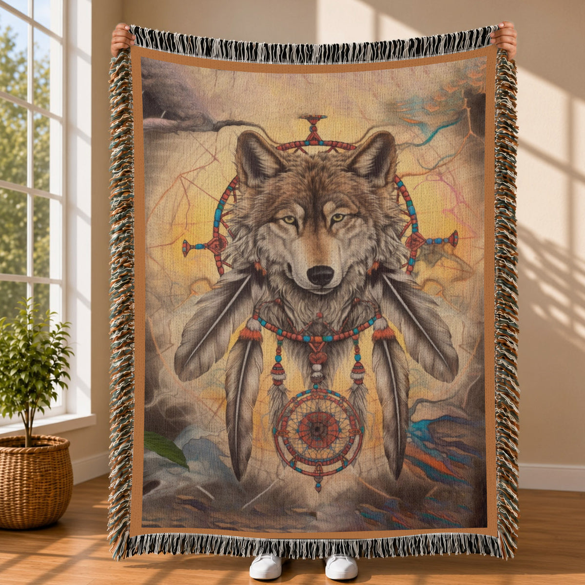 Native American Wolf Woven Throw Blanket - Dreamcatcher Decor