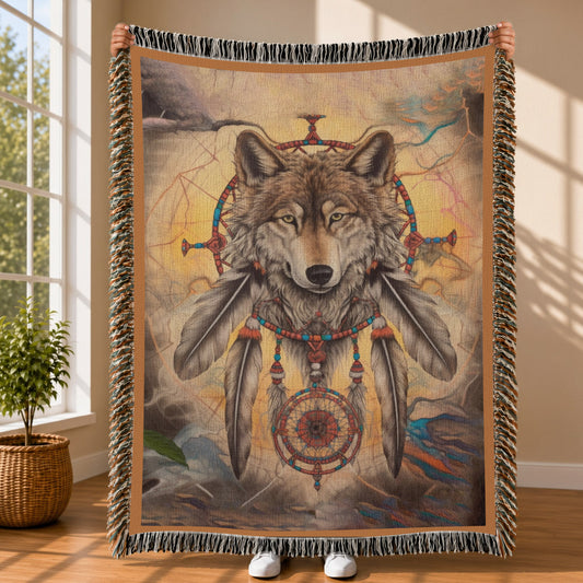 Native American Wolf Woven Throw Blanket - Dreamcatcher Decor