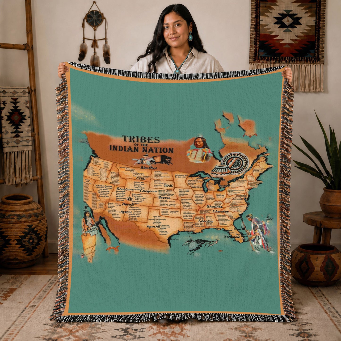Native American Tribes Map Woven Throw Blanket - Heritage Decor