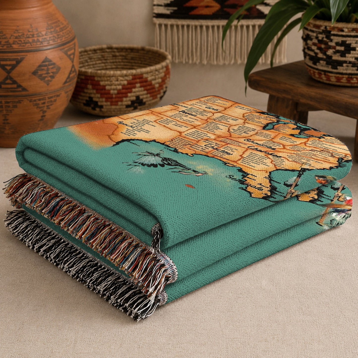 Native American Tribes Map Woven Throw Blanket - Heritage Decor