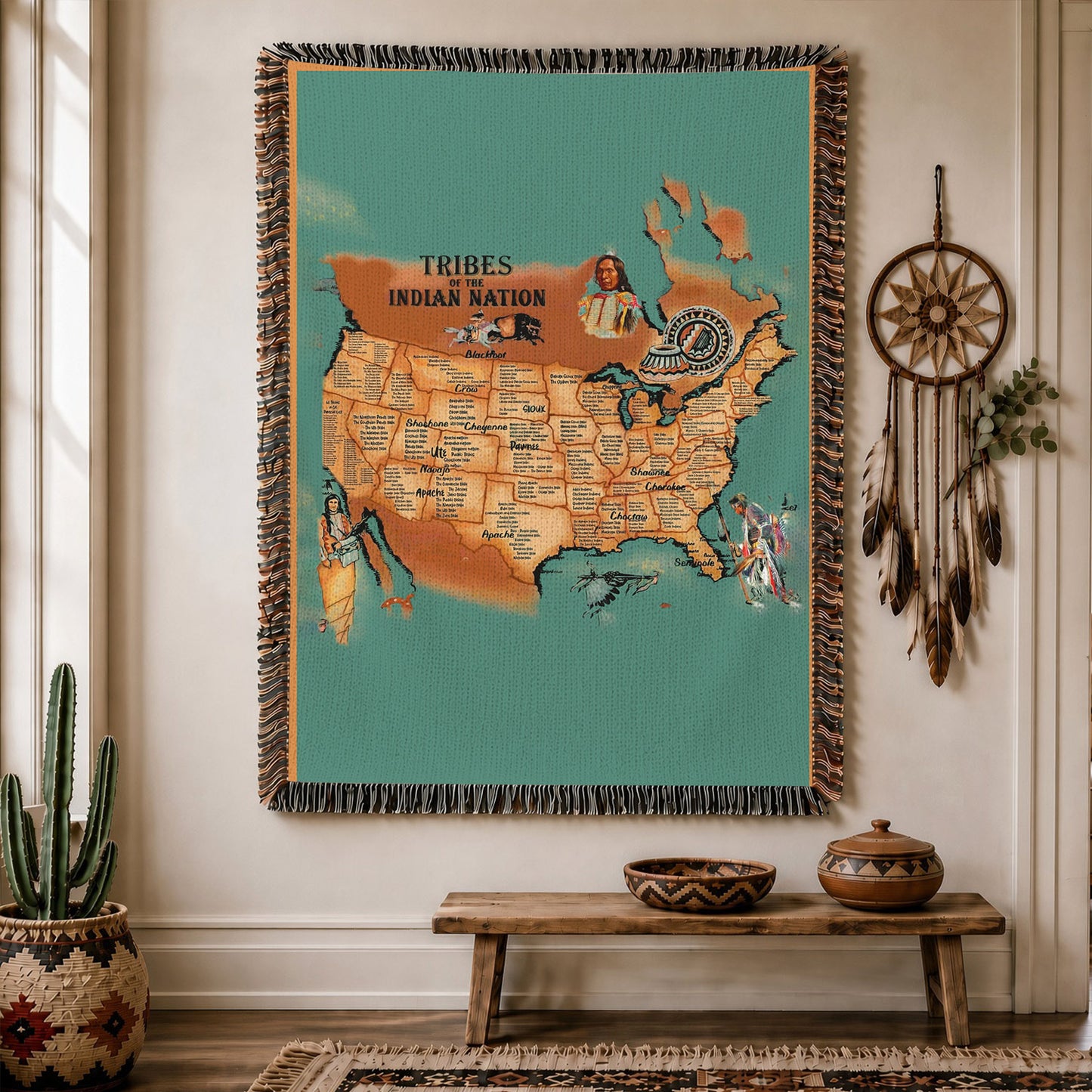 Native American Tribes Map Woven Throw Blanket - Heritage Decor