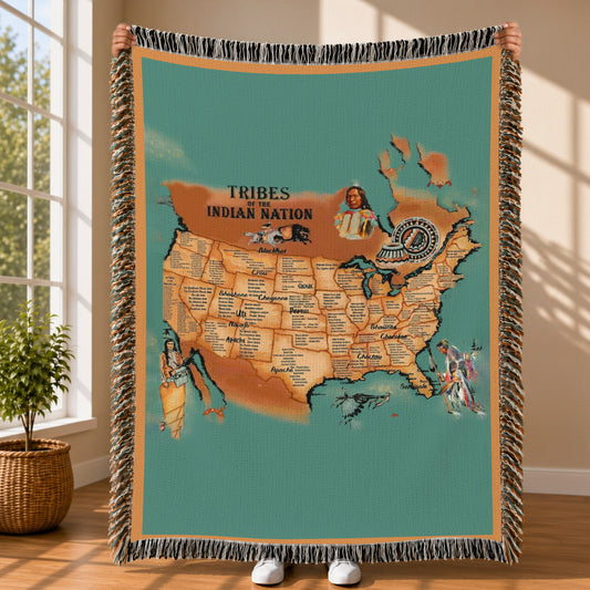 Native American Tribes Map Woven Throw Blanket - Heritage Decor
