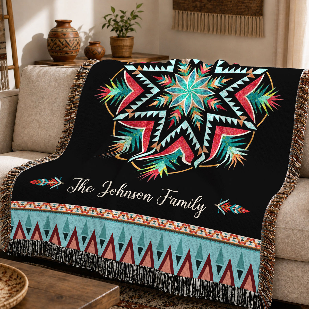 Custom Family Name Tribal Pattern Woven Throw Blanket