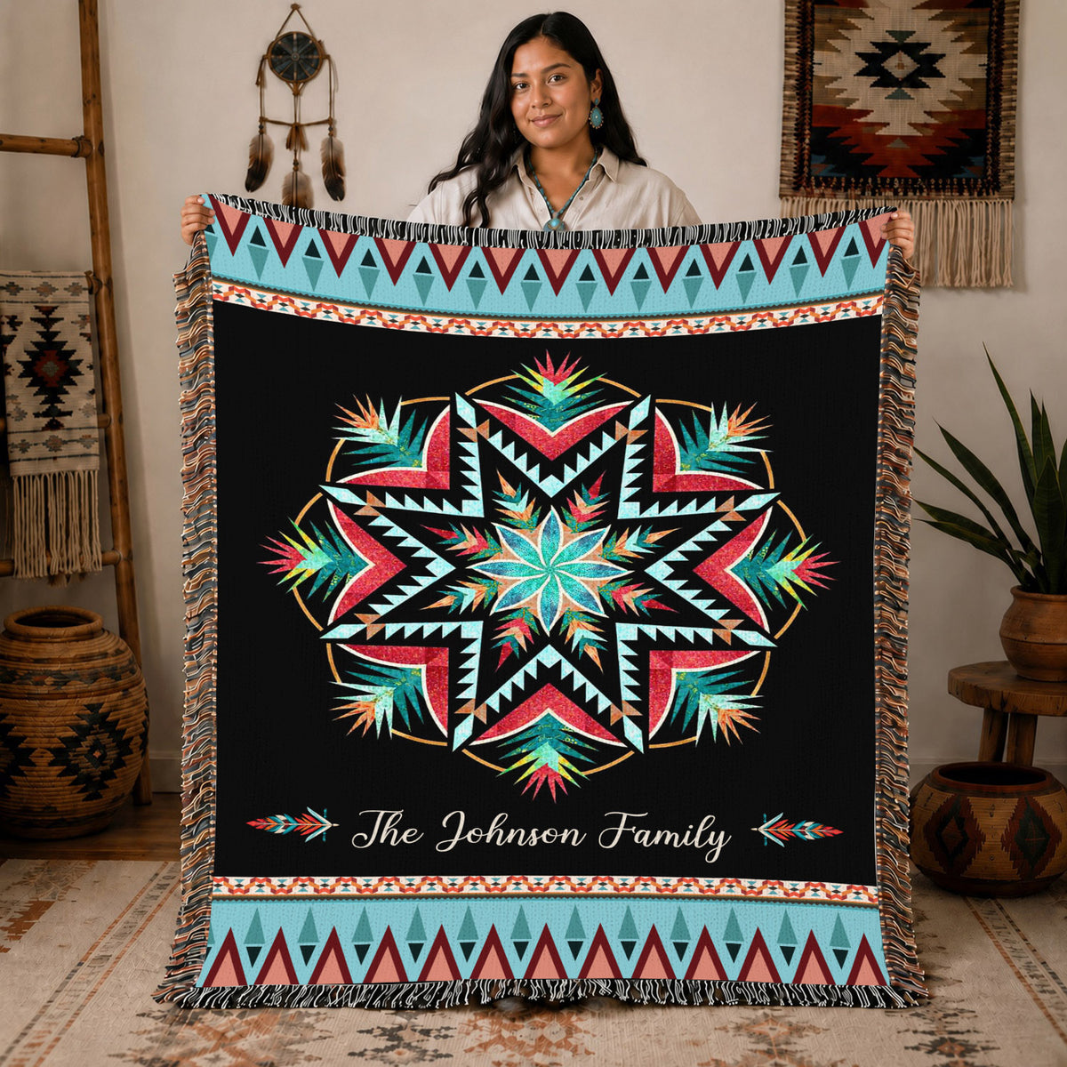 Custom Family Name Tribal Pattern Woven Throw Blanket