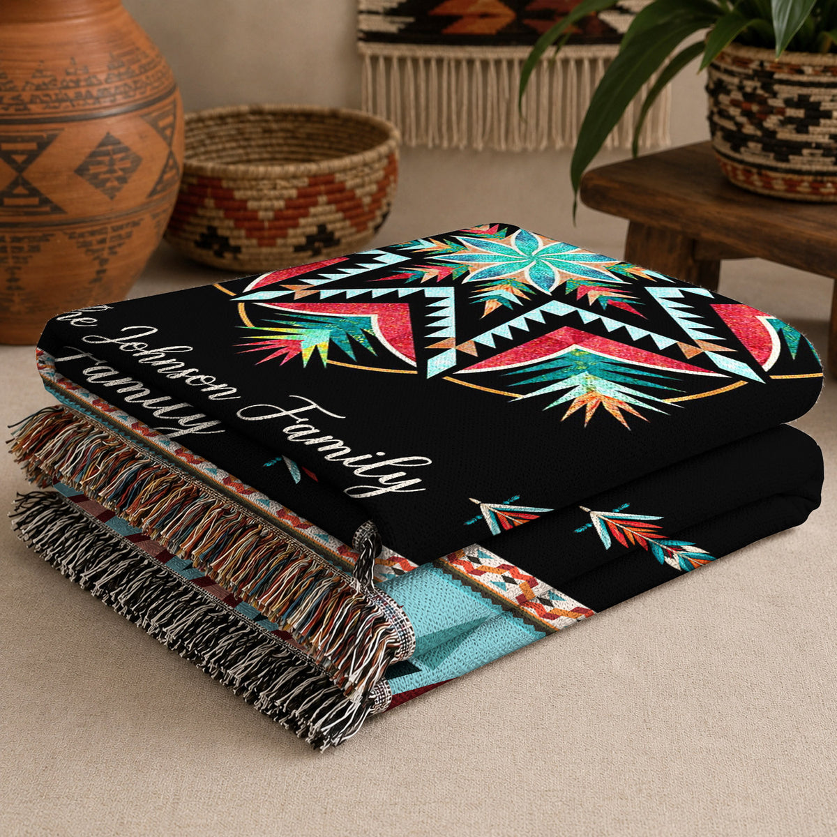 Custom Family Name Tribal Pattern Woven Throw Blanket
