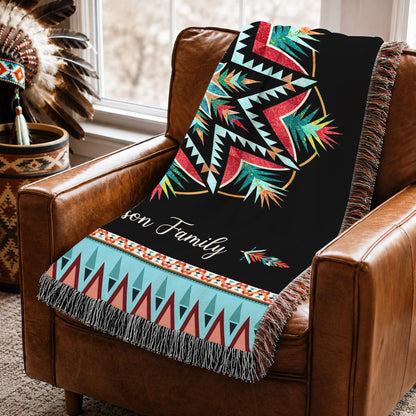 Custom Family Name Tribal Pattern Woven Throw Blanket