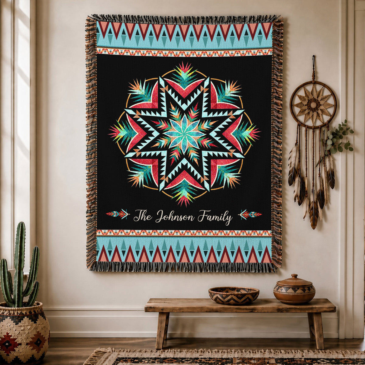 Custom Family Name Tribal Pattern Woven Throw Blanket