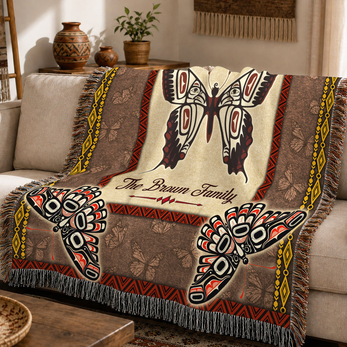Custom Family Name Native American Butterfly Woven Throw Blanket