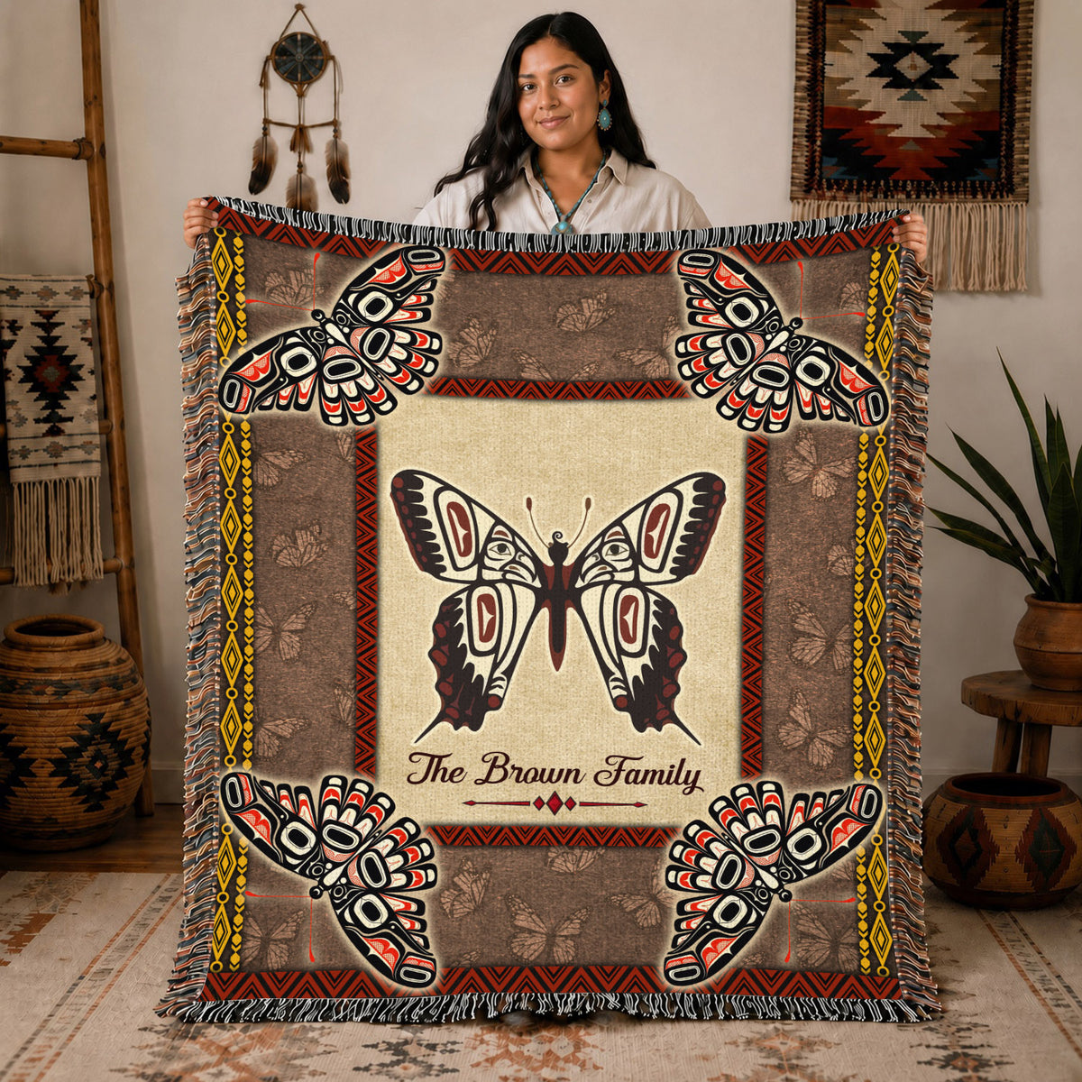 Custom Family Name Native American Butterfly Woven Throw Blanket