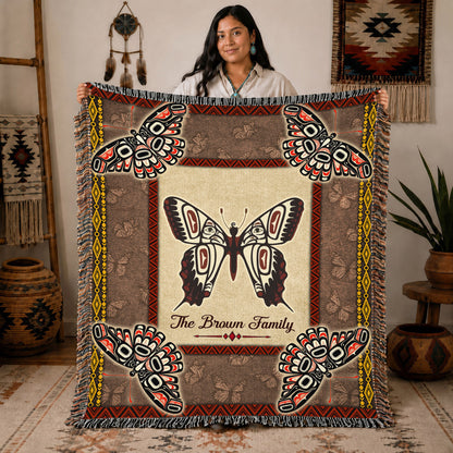 Custom Family Name Native American Butterfly Woven Throw Blanket