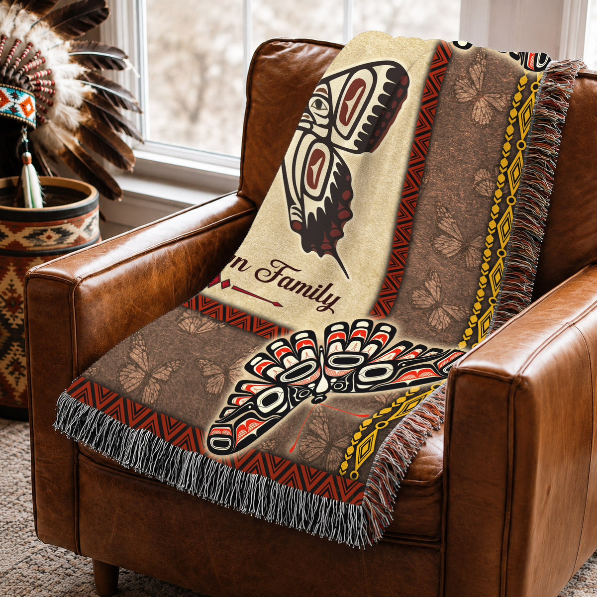 Custom Family Name Native American Butterfly Woven Throw Blanket