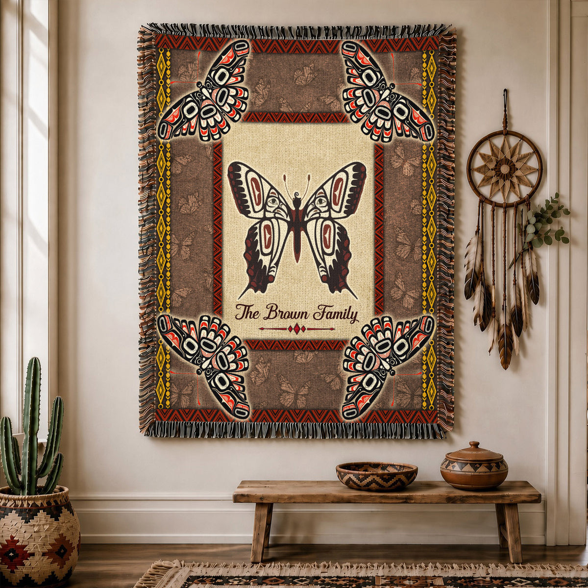 Custom Family Name Native American Butterfly Woven Throw Blanket