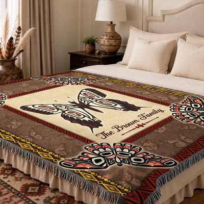 Custom Family Name Native American Butterfly Woven Throw Blanket