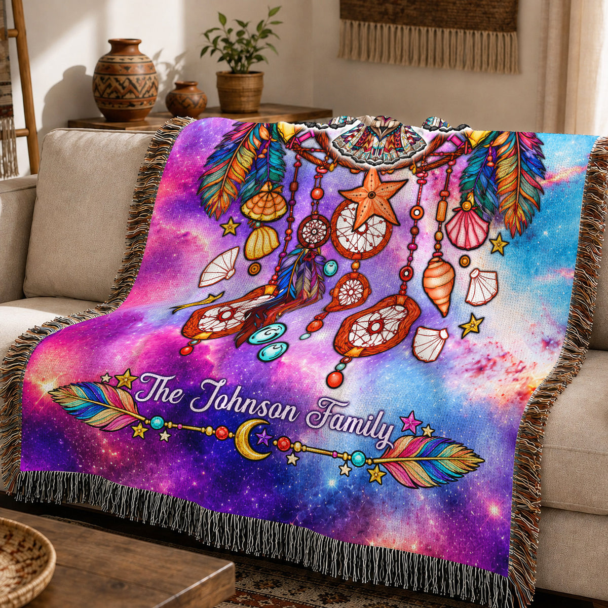 Custom Family Name Native American Owl Woven Throw Blanket