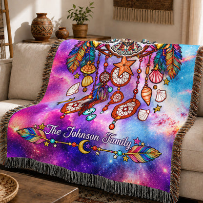 Custom Family Name Native American Owl Woven Throw Blanket