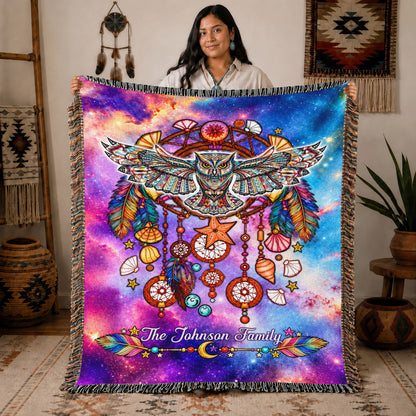 Custom Family Name Native American Owl Woven Throw Blanket