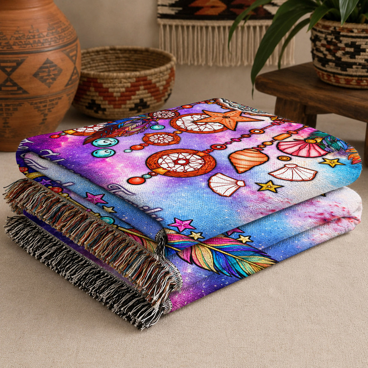 Custom Family Name Native American Owl Woven Throw Blanket