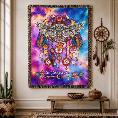 Custom Family Name Native American Owl Woven Throw Blanket